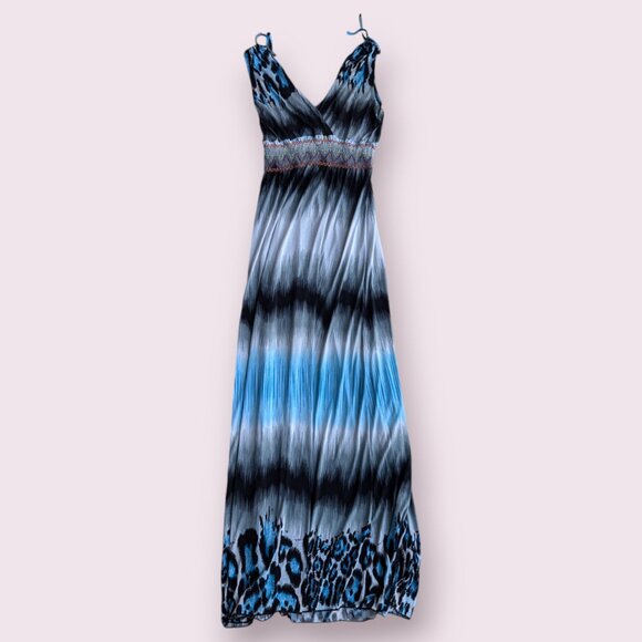 Tropical Island Blue White Black Long Maxi Dress Stretch Small - Picture 1 of 1